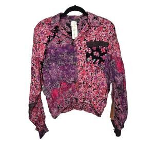 Carol Little Dark Floral Long Sleeve Crop Bomber Jacket Blouse Vintage Size 6
